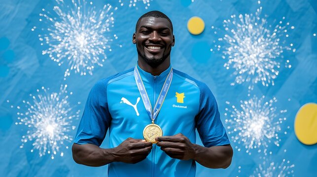 Black athlete is holding a gold medal and smiling at the camera