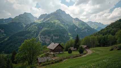 Fototapeta premium A serene mountain hamlet with a quaint home embraced by verdant foliage and soaring summits, radiating calmness and natural charm.