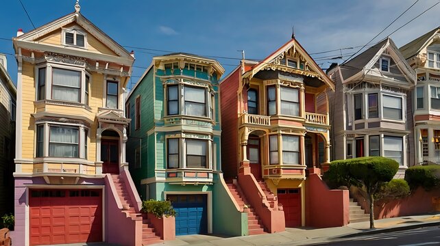 A row of colorful victorian houses with garages and stairways under a clear blue sky in san francisco - Powered by Adobe