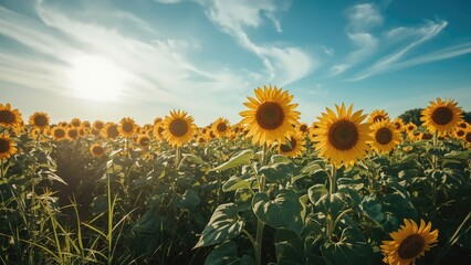 A vibrant field of sunflowers basking in warm sunlight during the summer season