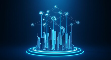 Abstract futuristic cityscape illustration with glowing blue lines connecting buildings to various digital icons above.