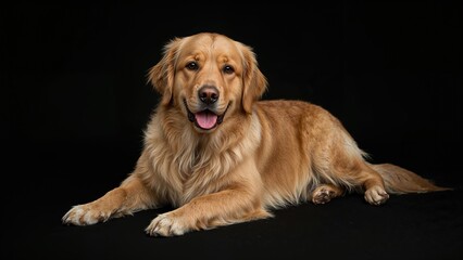 Image of a sweet Golden retriever lying down on a dark background.