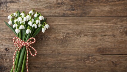 Decorative background with snowdrops arranged in a vase and a red and white rope bow, with space reserved for March holiday wishes.