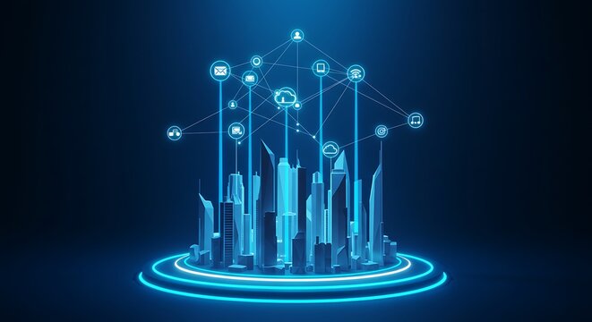 Abstract futuristic cityscape illustration with glowing blue lines connecting buildings to various digital icons above.