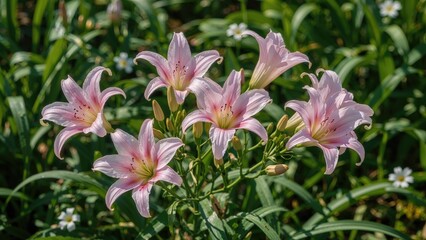 Naklejka premium Blooming Pink Zephyranthes Minuta Surrounded by Nature