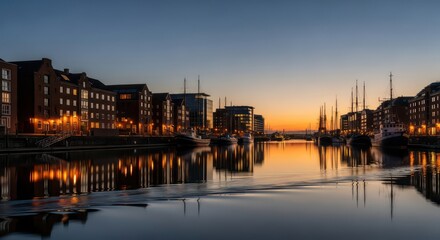 Naklejka premium Ripples on a Tranquil Harbor: City Lights Reflect at Golden Twilight