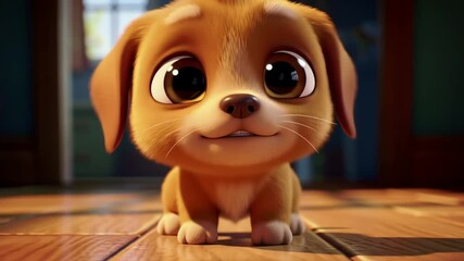 A cute cartoon puppy with big eyes sits on a wooden floor, looking directly at the viewer with a sweet expression.
