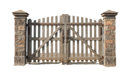 Naklejka premium Rustic double wooden gate with vertical planks, diagonal beams, slight arch top, stone pillars, and sturdy metal hardware.