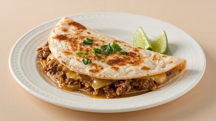Savory Meat Quesadilla Arranged on a Plain White Plate