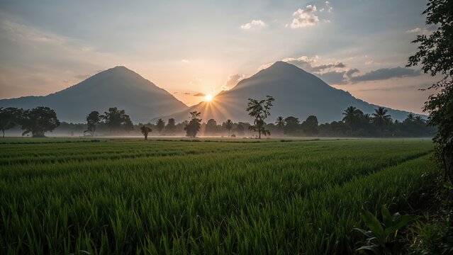 Dawn over terraced paddies with twin peaks