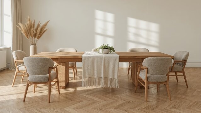 Elegant wooden dining table set with comfortable chairs in a modern home interior design featuring natural light and decorative elements