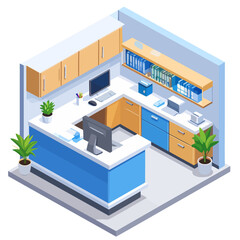 Modern isometric office reception area with a blue desk, computers, and wooden cabinets.