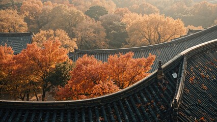 Traditional architecture framed by vibrant autumn maple leaves