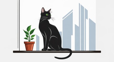 Sleek Black Cat with Emerald Eyes on a Minimalist City Windowsill