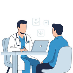 Fototapeta premium Illustration of a doctor in a white coat and stethoscope consulting with a patient in a medical office setting with a laptop.