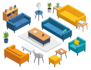 Isometric set of modern living room furniture with colorful sofas, tables, and chairs.