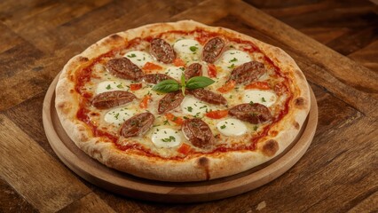 Wooden plate holding a flavorful circular pizza topped with cheese and tomatoes, surrounded by smoked sausage slices, ideal for a restaurant dining experience