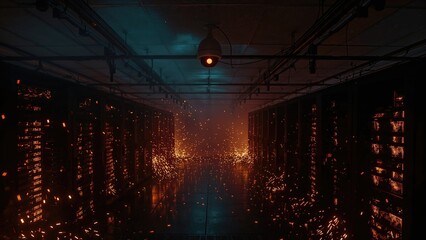 Security camera's burning indicator captured from above highlighting fire and sparks inside a data center server room
