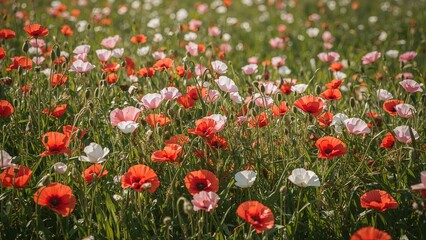 Fototapeta premium Brightly colored poppies growing in a natural, green landscape