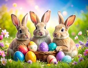 Three adorable baby easter bunnies surrounded by colorful eggs in a springtime meadow.