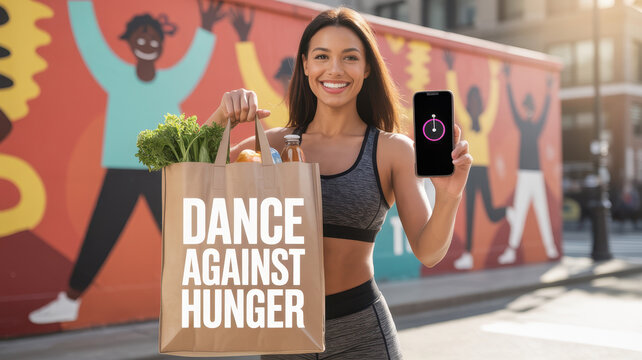 Woman promoting dance against hunger with groceries and smartphone stopwatch in urban setting