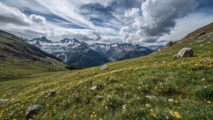 Fototapeta premium Abundant alpine flora nestled among rocks on a grassy incline in a lush valley glowing in sunlight, with a panoramic view of large snow-capped mountains and an extensive glacier under an overcast