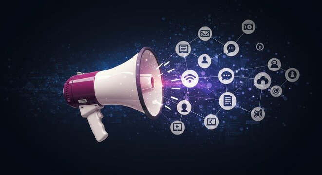 Megaphone broadcasting digital information and social media symbols illustrating global communication networks and data exchange across platforms