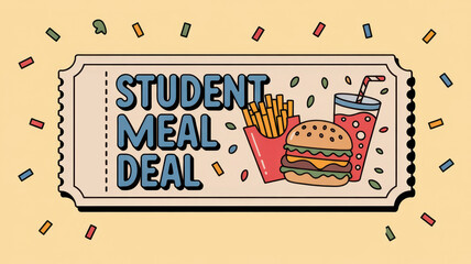 Student meal deal: fast food voucher with burger, fries, and drink surrounded by confetti