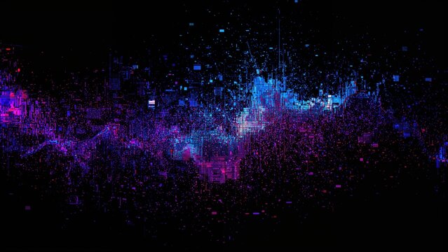 Neon gradient glow in blue, pink, and orange on a dark abstract surface. Holographic glitch effect with noise, dust, scratches, and grain texture artifacts.
