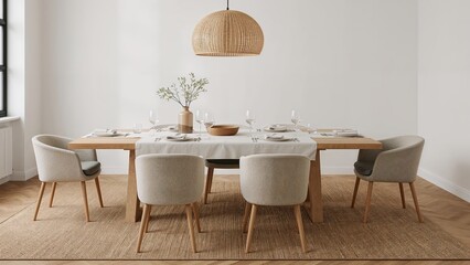 Minimalist dining room interior with wooden table setting and decorative elements under a rattan pendant light