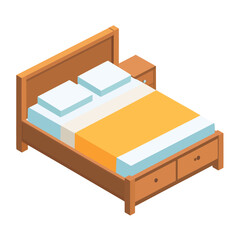 Isometric wooden double bed with attached nightstand and storage drawers.