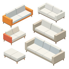 Isometric Sofa Set: Modern, Minimalist Design with Neutral and Orange Accents