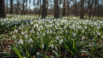 Fototapeta premium Snowdrop blooms opening under warm spring sunlight