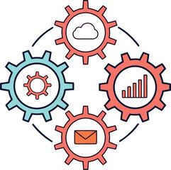 Interconnected Gear Infographic Representing Cloud Computing, Data Analytics, Communication, and Automation