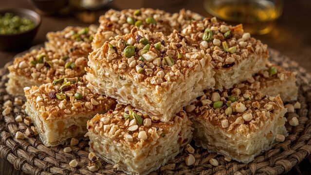 Classic Middle Eastern kunafa topped with pistachios and pine nuts served on a rustic platter, close-up view
