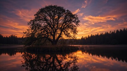 Obraz premium Tree shadow over a lake at sunset
