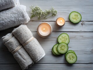 Relaxing spa flat lay: cucumber slices, towels, and aromatic candles on wooden background