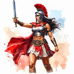 Fototapeta premium Powerful Female Warrior in Roman Armor Holding Sword Aloft