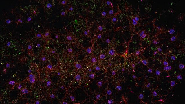 Confocal laser scanning microscopy imaging of CA1 area cells in the mouse hippocampus highlighted by immunofluorescence