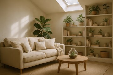 Fototapeta premium Serene living room featuring a comfortable sofa, natural light from a skylight, and a bookshelf filled with plants and books.