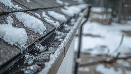 Close-up of mesh in gutter and shingles with melted snow to protect roof during winter