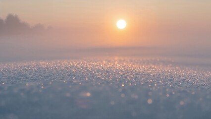 Soft warm light of a winter morning sunrise shining on a close-up snow-covered area, with the snow sparkling brightly.