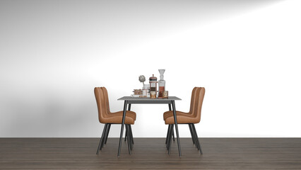 3D Render a table with two chairs and a bottle of wine