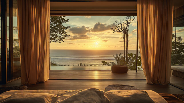 AI generator images of Cozy luxury pool villa facing the sea, luxury oceanfront villa with swimming pool, sea view room at sunset. room modern, open-air architectural space. In the background, we see 