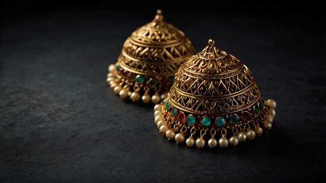 Close up shot of two golden jhumka earrings with pearls and gemstones on a dark background studio shot