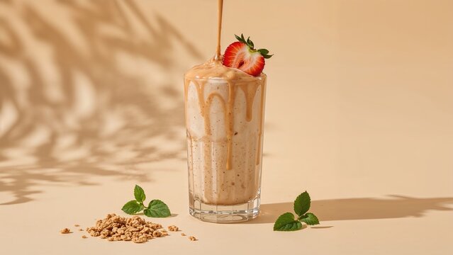 Refreshing creamy drink adorned with peanut butter drizzle