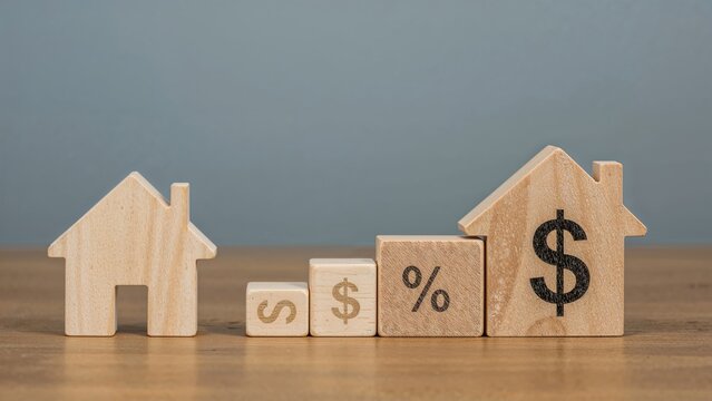 Blocks featuring home, money, percent signs, and arrows arranged on a wooden surface, free space included. Themes of housing finance and property valuation. Escalation in real estate costs.