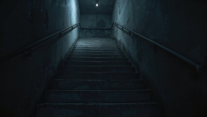 Descending concrete stairs reveal a dark passageway, emphasizing the rugged texture of each step.