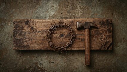 Easter elements: thorn crown, hammer, and wooden board placed on the ground