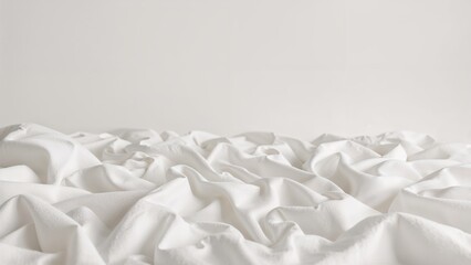 Wrinkled white cotton textile surface. Early day bedding. Simple plain template backdrop.